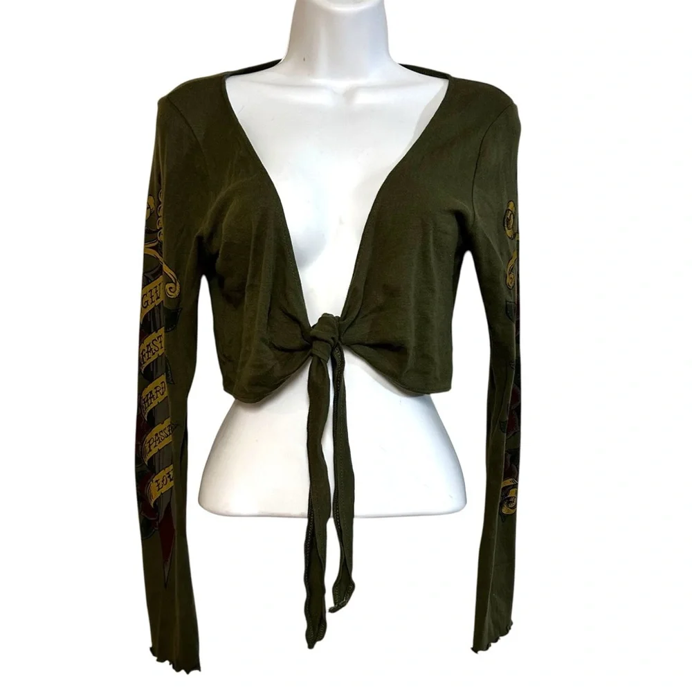 Y2K RARE lucky brand L/XL shrug cardigan arm tattoo dagger PRINT arm sleeve tie - Picture 13 of 14